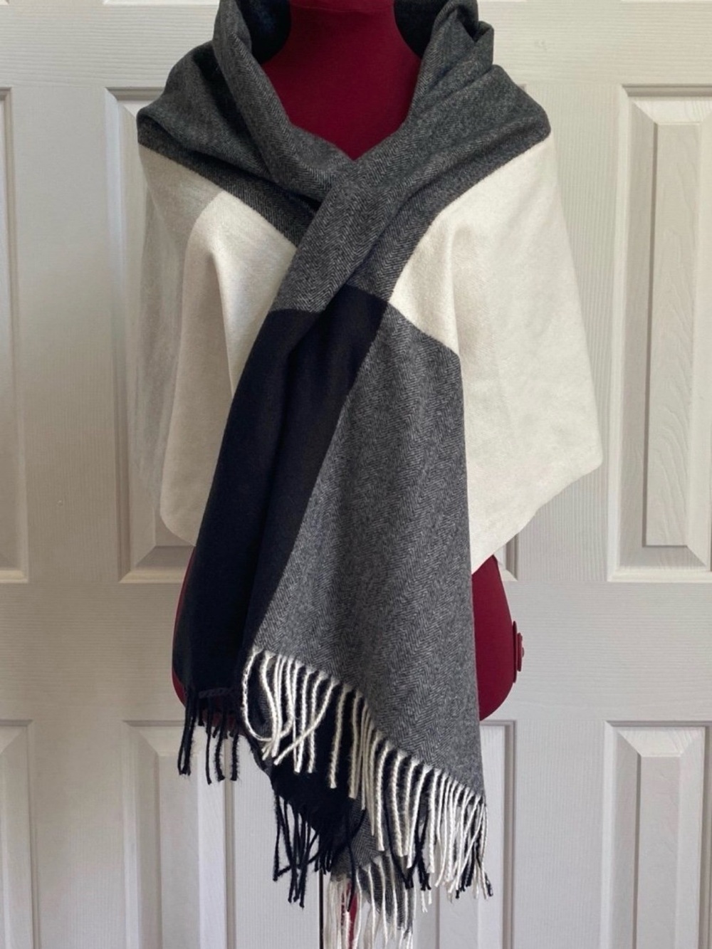 Neutral Colorblock Fringe Shawl Wrap - Gray, Light Gray, Cream